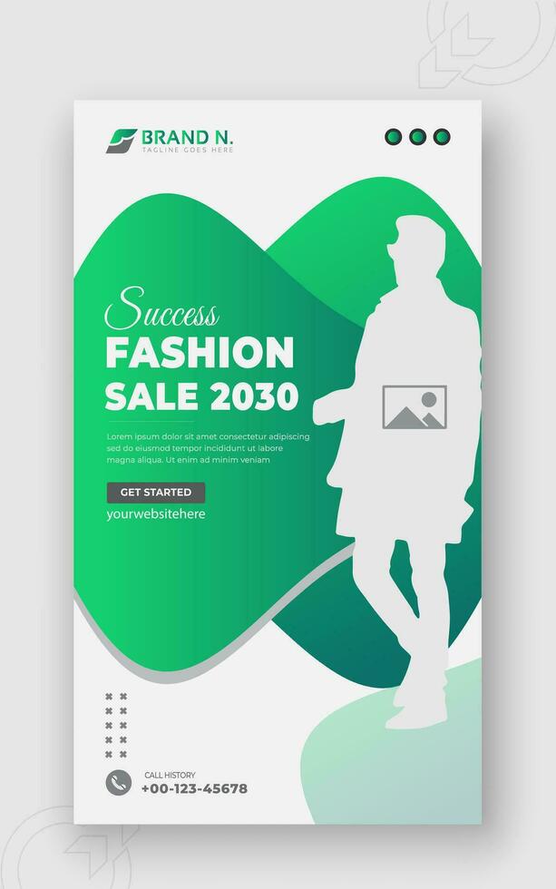 Fashion sale 2030 social media post design or ad banner template, modern minimal urban trendy fashion design for social media stories for promotion in abstract green gradient colorful shapes vector