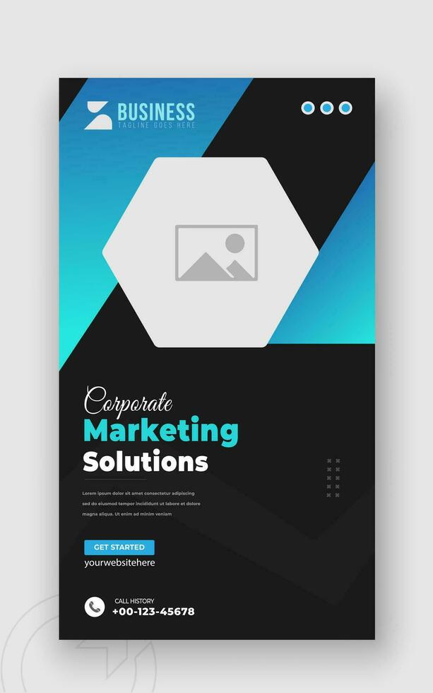 Digital marketing solution or corporate business social media story template design with abstract cyan gradient color shapes on black background vector