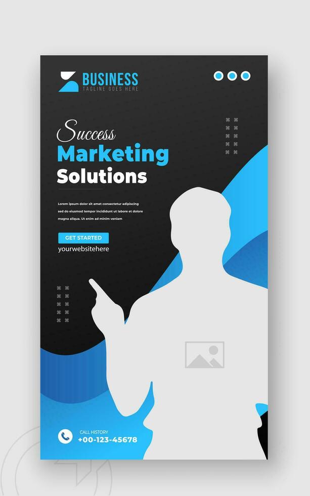Digital marketing solution or corporate business social media story template design with abstract blue gradient color shapes on black background vector
