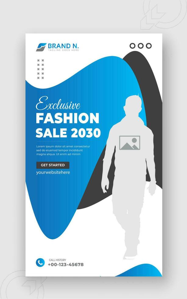 Fashion sale 2030 social media post design or ad banner template, modern minimal urban trendy fashion design for social media stories for promotion in abstract blue and black colorful shapes vector