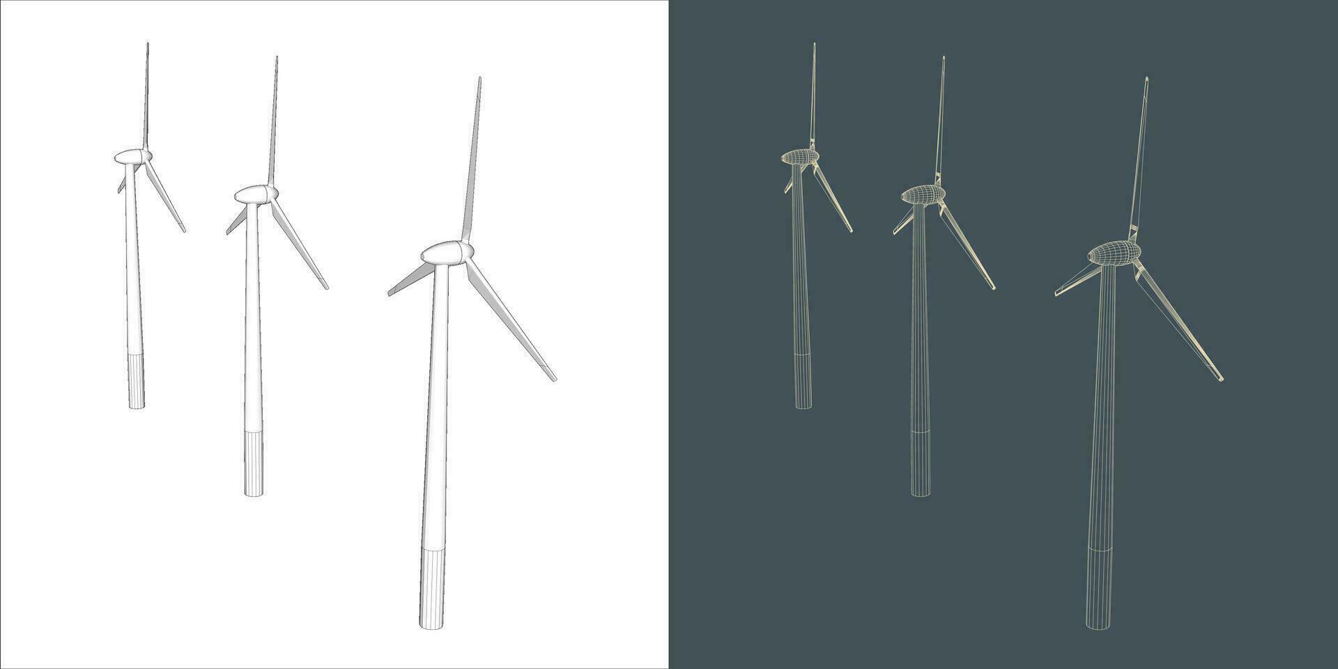 Vector windmill Wind turbine line Wire-frame style . Alternative renewable power generator - green energy