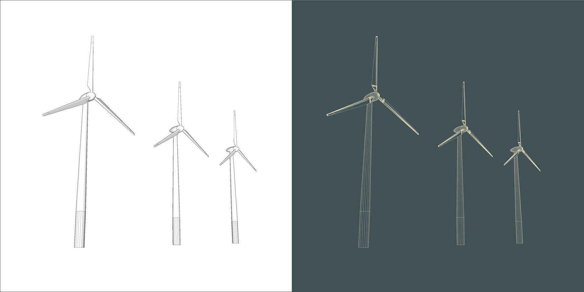 Vector windmill Wind turbine line Wire-frame style . Alternative renewable power generator - green energy
