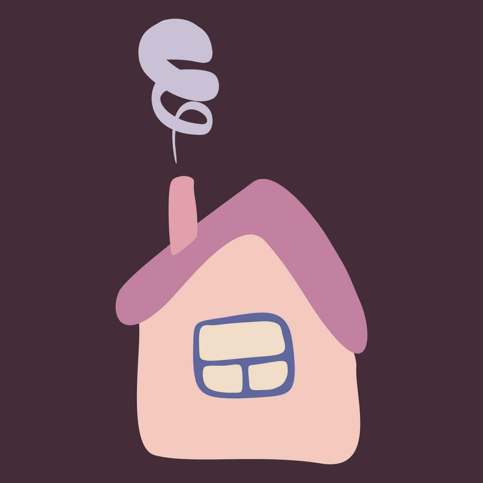 Small Colorful crooked house in Flat style with Smoke from Chimney, Roof and Window. Cartoon Children drawing Vector illustration Isolated white background. Design art Home for Sticker, Card, Poster.