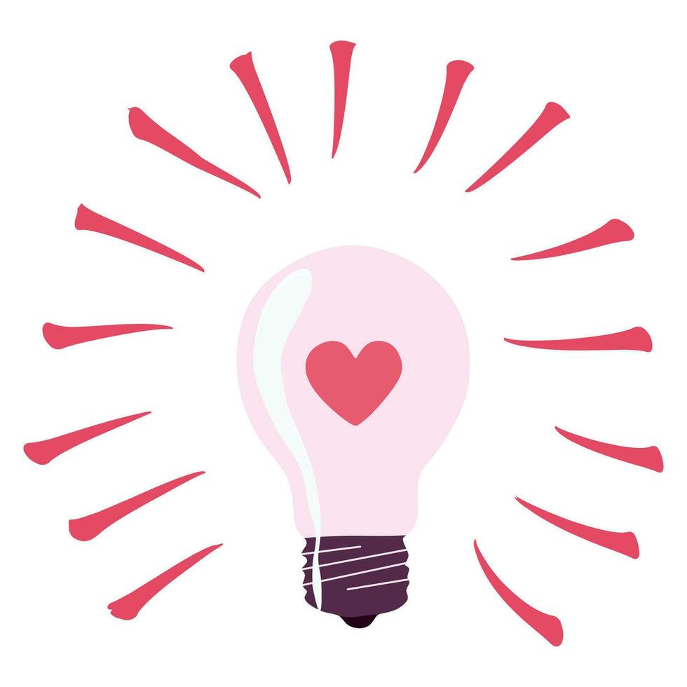 Light bulb lamp with heart icon inside in groovy retro style. Valentines day love symbol. Vector Flat or Cartoon style illustration. Love is Power concept. Romantic design element for Card, Poster.