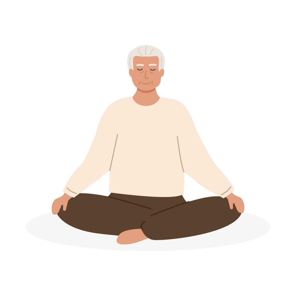 Modern elderly man sitting crossed legs closed eyes meditating. Senior male person practicing yoga. Meditation, recreational practice, leisure activity for retired. Vector flat style illustration.