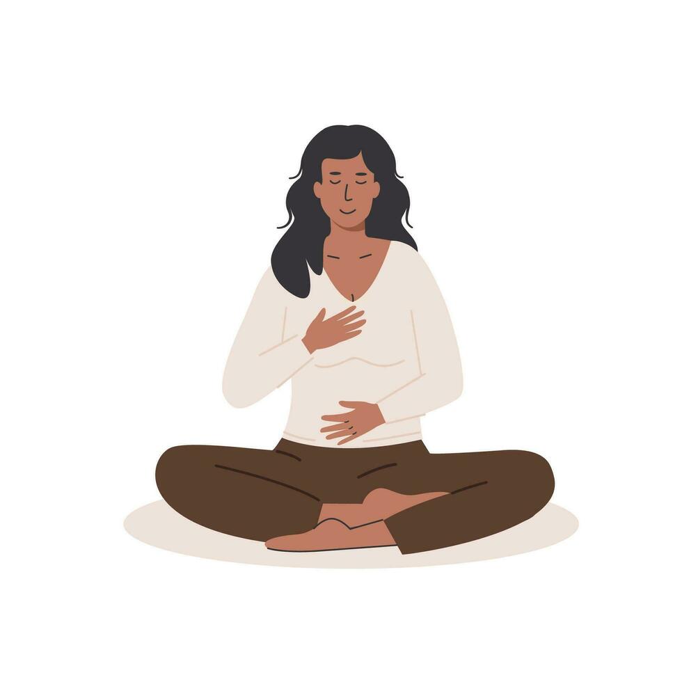 Yoga postures. Young female doing abdominal exercise. Woman exhaling and inhaling. Deep belly breathing practice. Meditation, diaphragm breathing, pranayama yoga. Vector flat style illustration