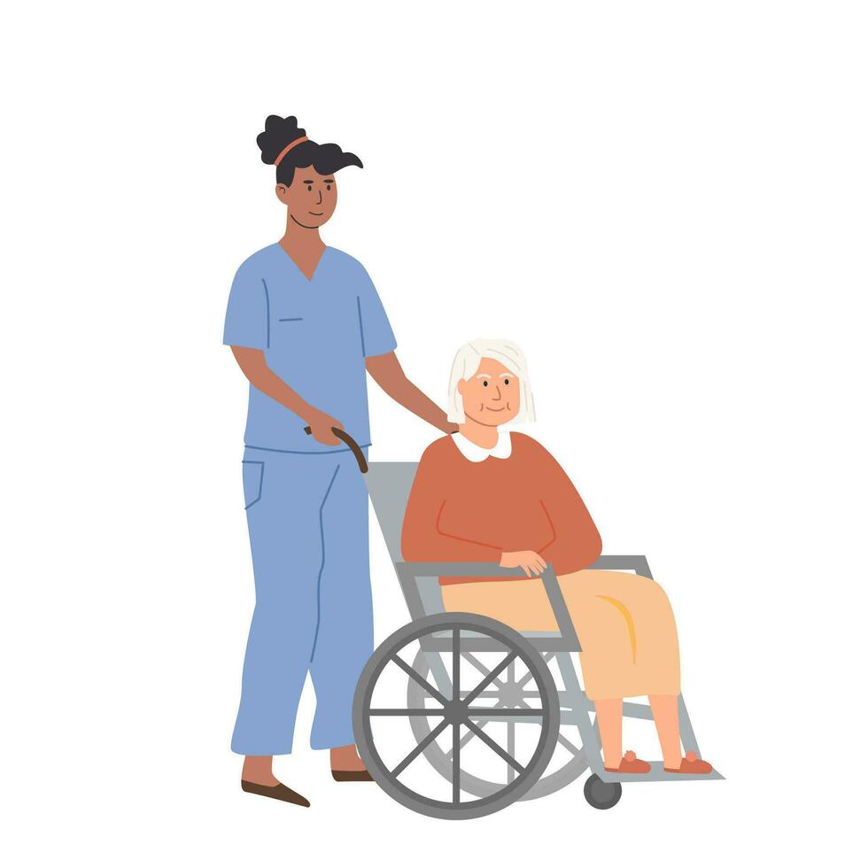 Nurse or doctor taking care of elderly woman on wheelchair. Nursing home concept. Assisted living. Residential care facility. Senior lady with disability. Vector illustration isolated on white.