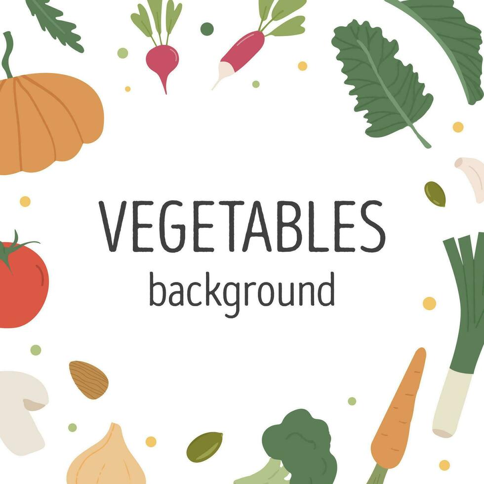 Healthy food frame with background for text. Square card design with fresh vitamin vegetables. Minimalist border with healthy organic veggies. Cover template with groceries. Flat vector illustration.