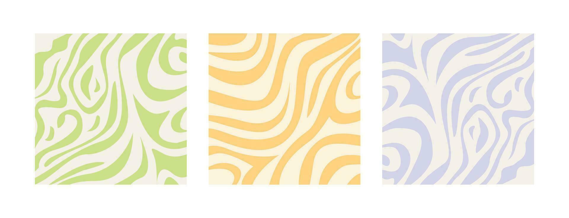 Set of abstract liquid wavy patterns in pastel bleached colors. Psychedelic backgrounds in retro 60s 70s style. Collection of hippie aesthetic groovy print. Vector illustration in flat style.