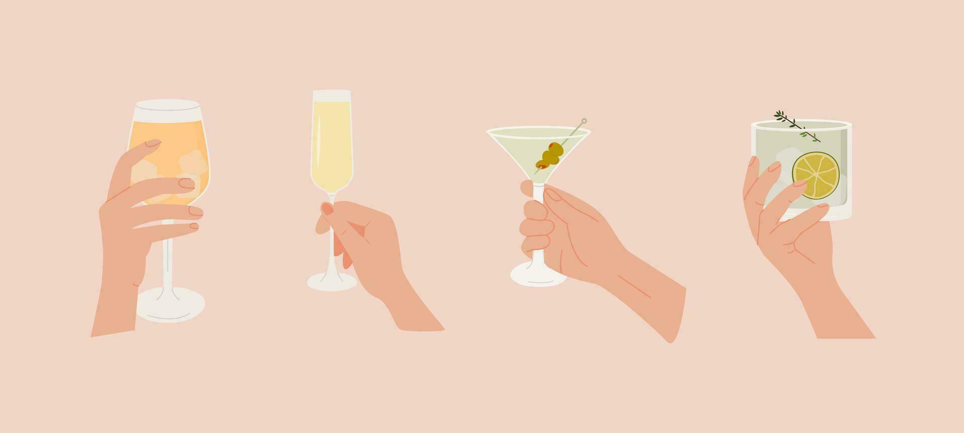 Set of female or male hand holding glass with alcoholic cocktails, champagne and wine. Alcohol drink. Summer aperitif, alcoholic beverage. Colored flat vector illustration isolated on white background