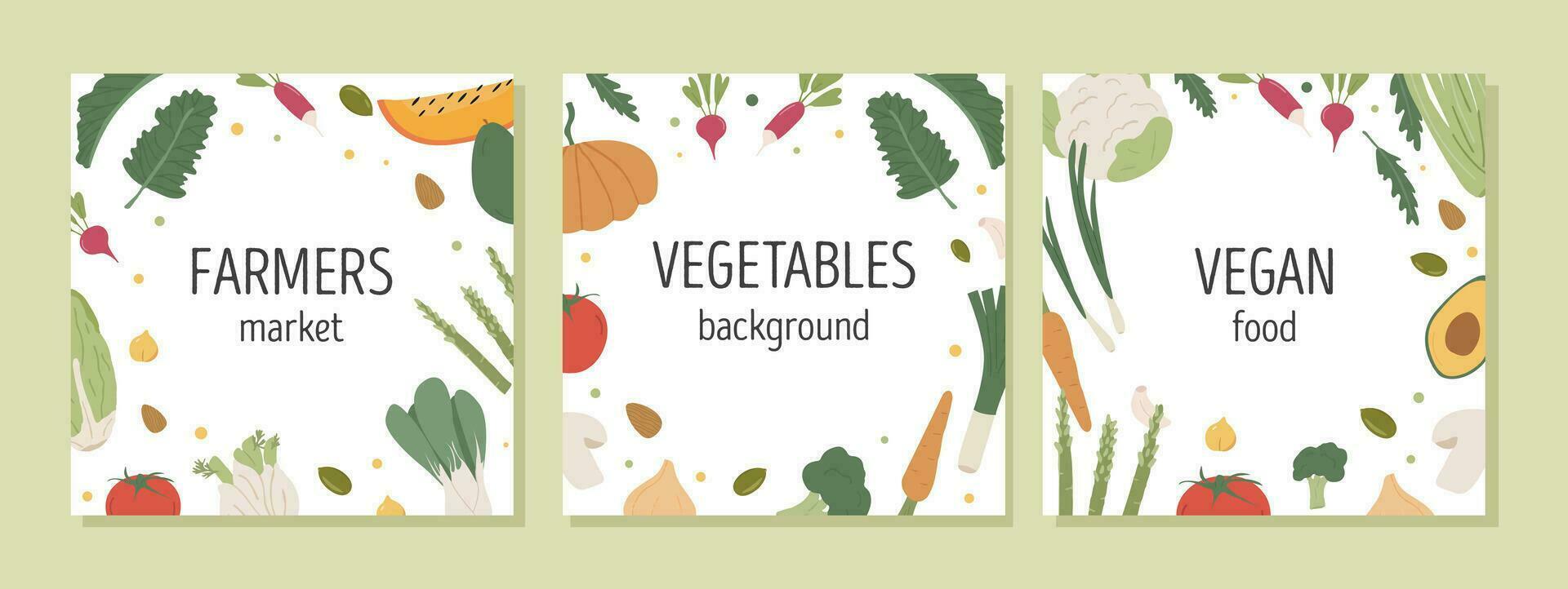 Healthy food frame with background for text. Square card design with fresh vitamin vegetables. Minimalist border with healthy organic veggies. Cover template with groceries. Flat vector illustration.