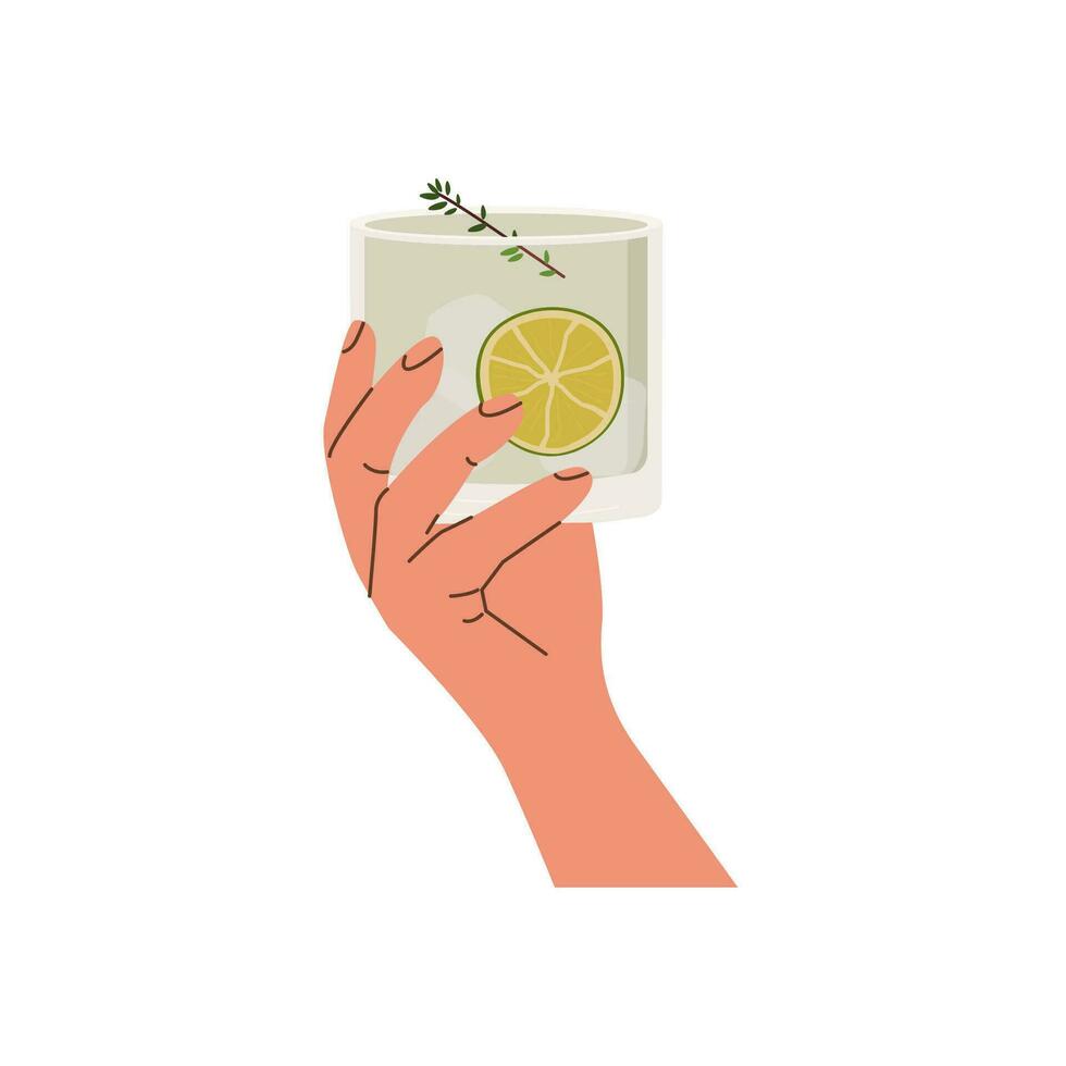 Female or male hand holding rocks glass with classic gin tonic cocktail. Old fashioned glass with alcohol drink garnished with slice of lime and rosemary. Summer aperitif beverage. Vector illustration