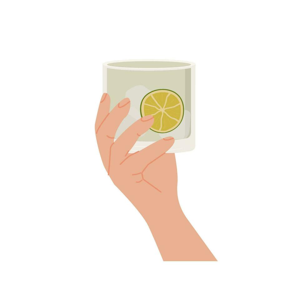 Female or male hand holding rocks glass with classic gin tonic cocktail. Old fashioned glass with alcohol drink garnished with slice of lime and rosemary. Summer aperitif beverage. Vector illustration