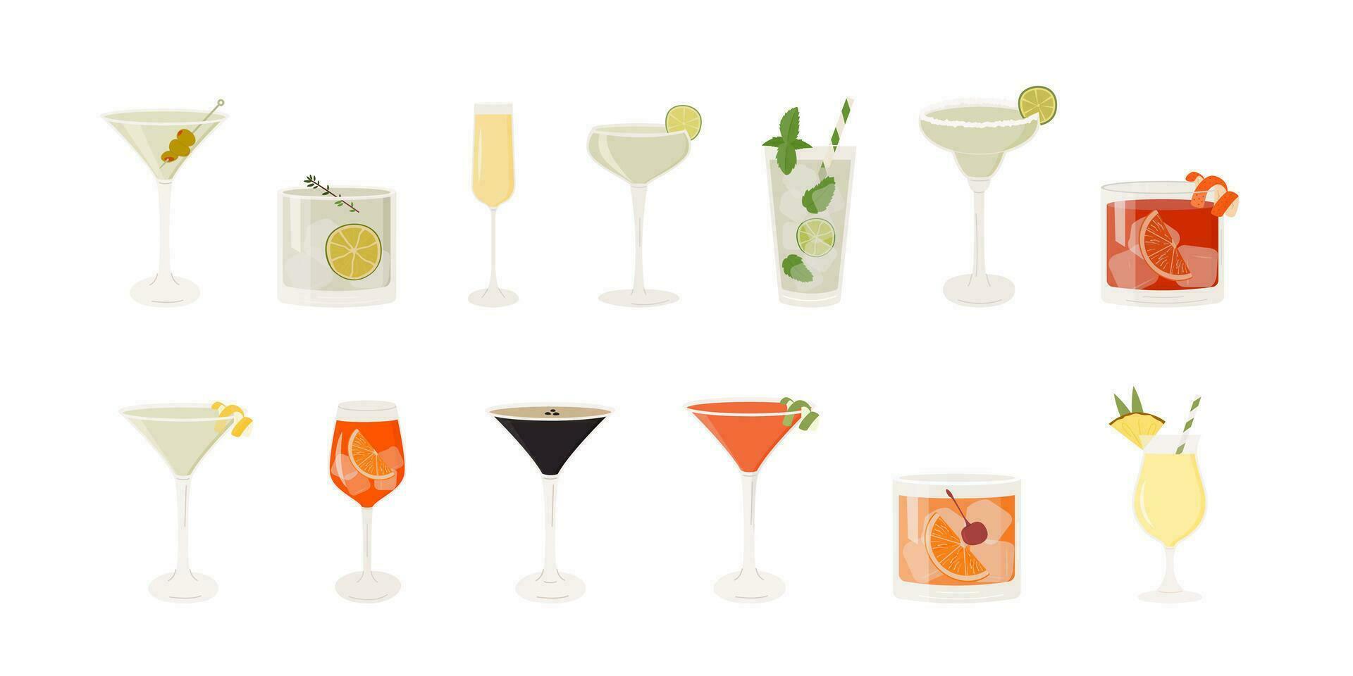 conjunto de clásico cocteles diferente alcohólico bebidas en varios lentes. verano aperitivo adornar con Lima girar, naranja rebanada, aceituna brocheta, cereza. vector ilustración de suave y alcohol bebidas