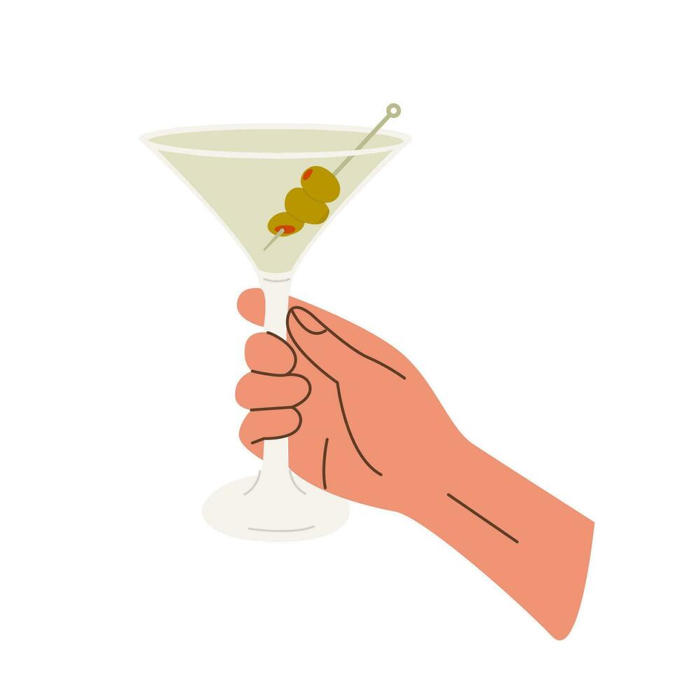 Female or male hand holding martini glass with classic cocktail garnished with green olives. Glass with alcohol drink. Summer aperitif, alcoholic beverage. Flat vector illustration isolated on white.