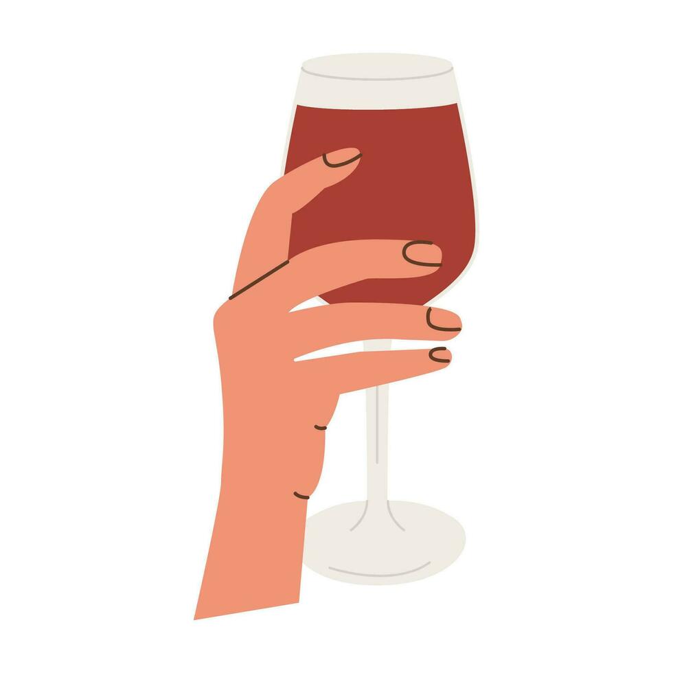 Female or male hand holding glass of red wine. Wineglass with cocktail or craft stout beer. Alcohol drink. Summer aperitif. Alcoholic beverage. Flat vector illustration isolated on white background.