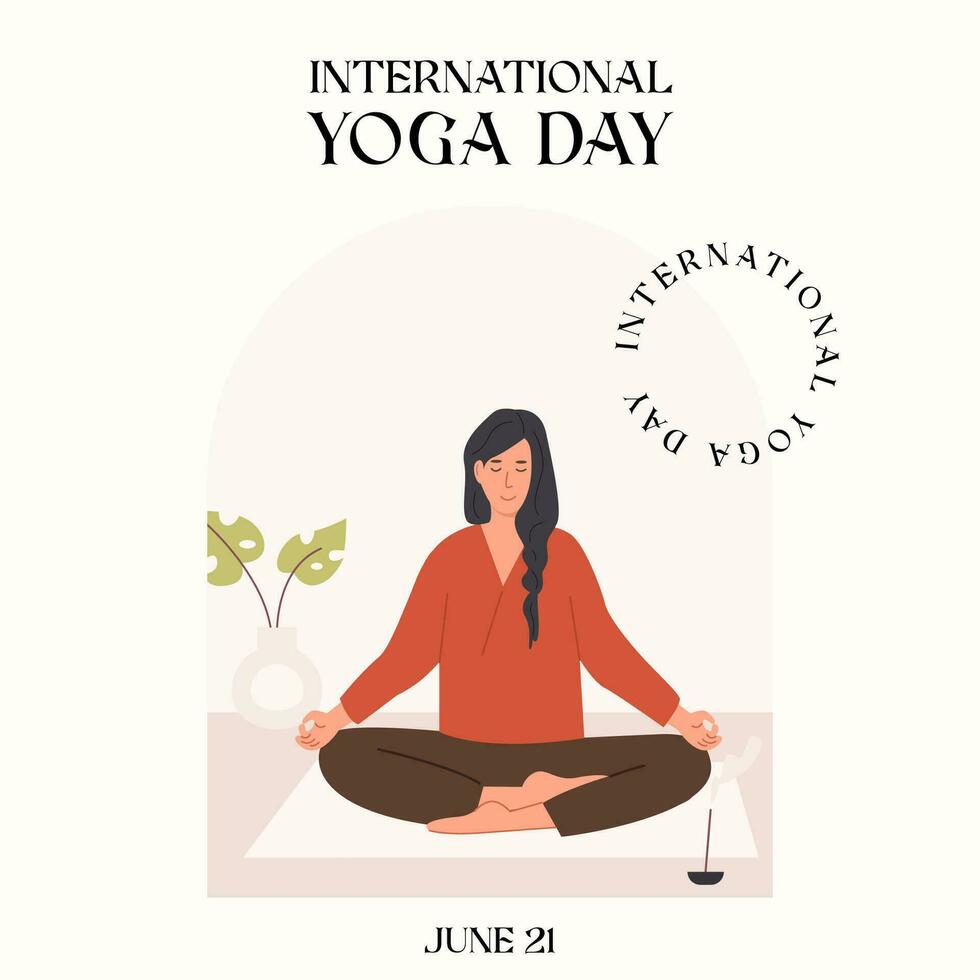 internacional yoga día cuadrado póster. de moda bandera para yoga día. mujer meditando en yoga loto postura. mental salud tarjeta para bienestar centrar o yoga estudio. vector ilustración en plano estilo.