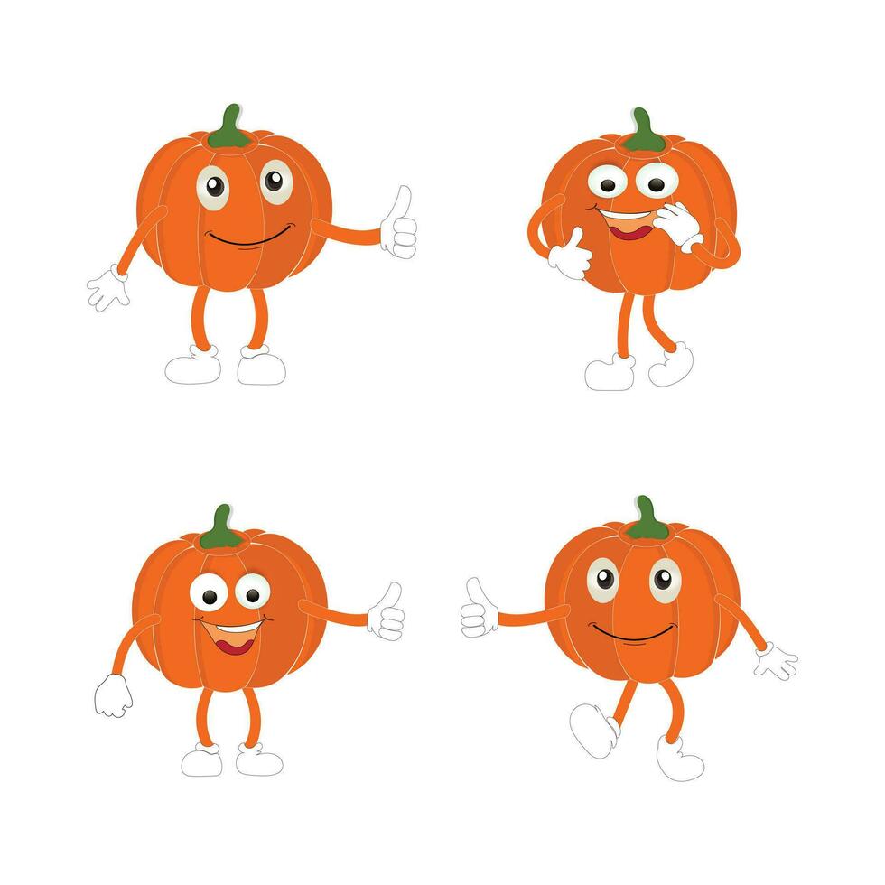 calabazas personaje dibujos animados, Víspera de Todos los Santos calabaza icono vector. plano diseño, Víspera de Todos los Santos de miedo calabaza con sonrisa, contento rostro, varios expresión. vector