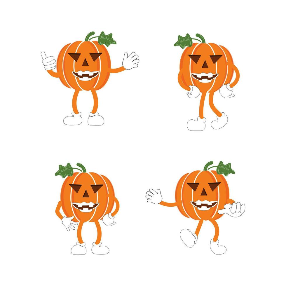 calabazas personaje dibujos animados, Víspera de Todos los Santos calabaza icono vector. plano diseño, Víspera de Todos los Santos de miedo calabaza con sonrisa, contento rostro, varios expresión. vector