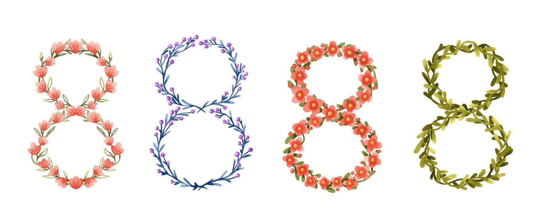 conjunto de número 8 con diferente flores botánico composición fo vector