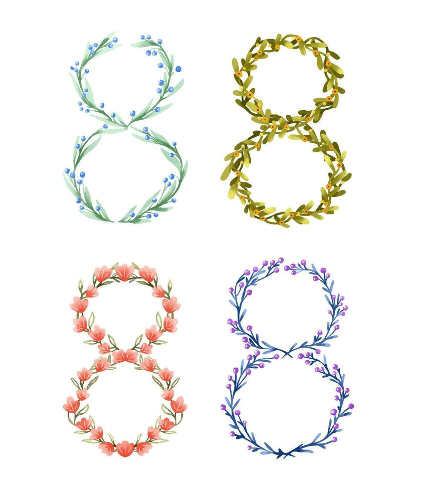 Set of number 8 with different flowers. Botanical composition fo vector