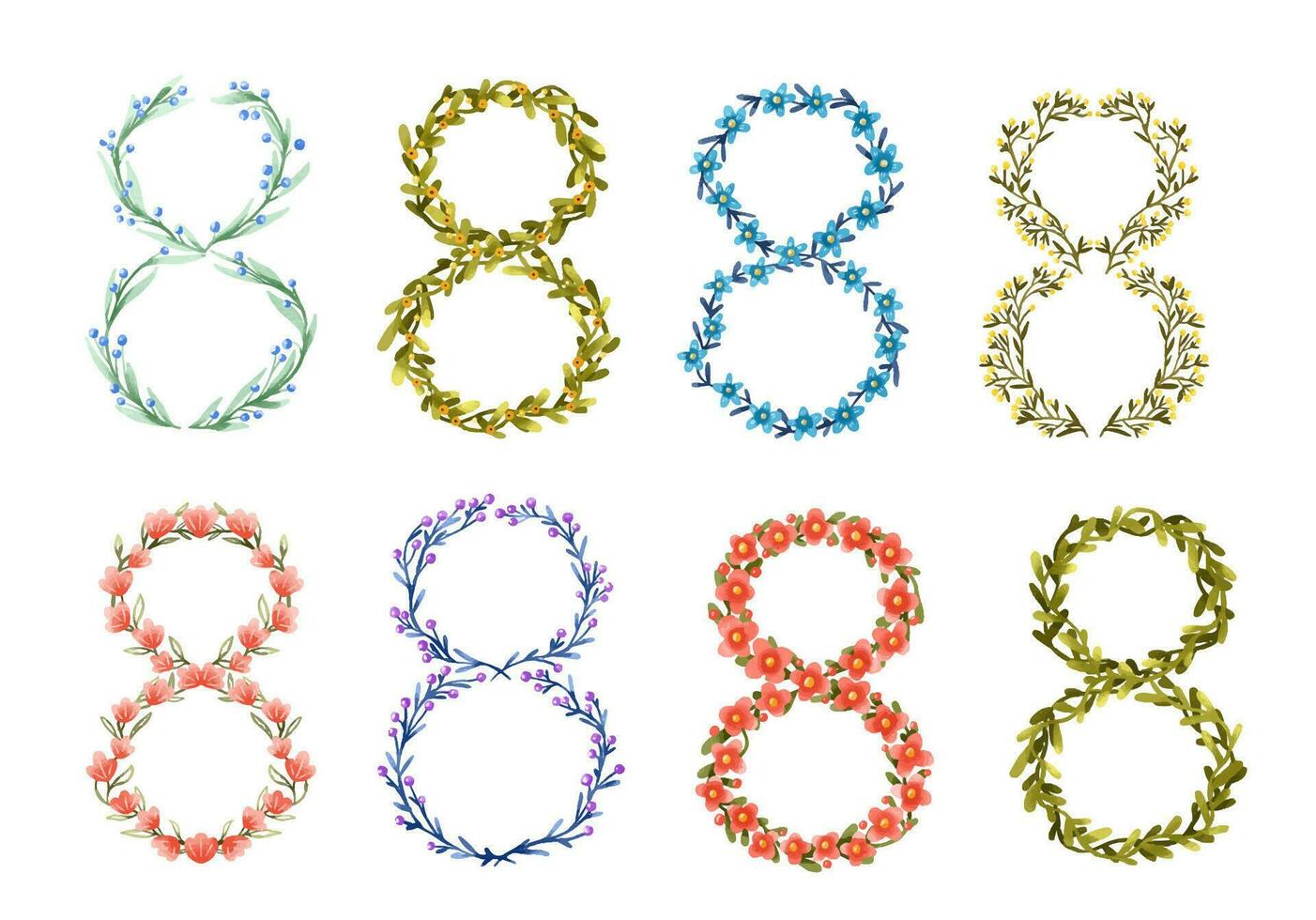 Set of number 8 with different flowers. Botanical composition fo vector