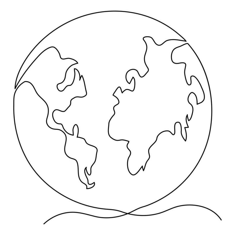 Global map green earth planet world ecology of continuous one line art drawing earth day outline vector illustration