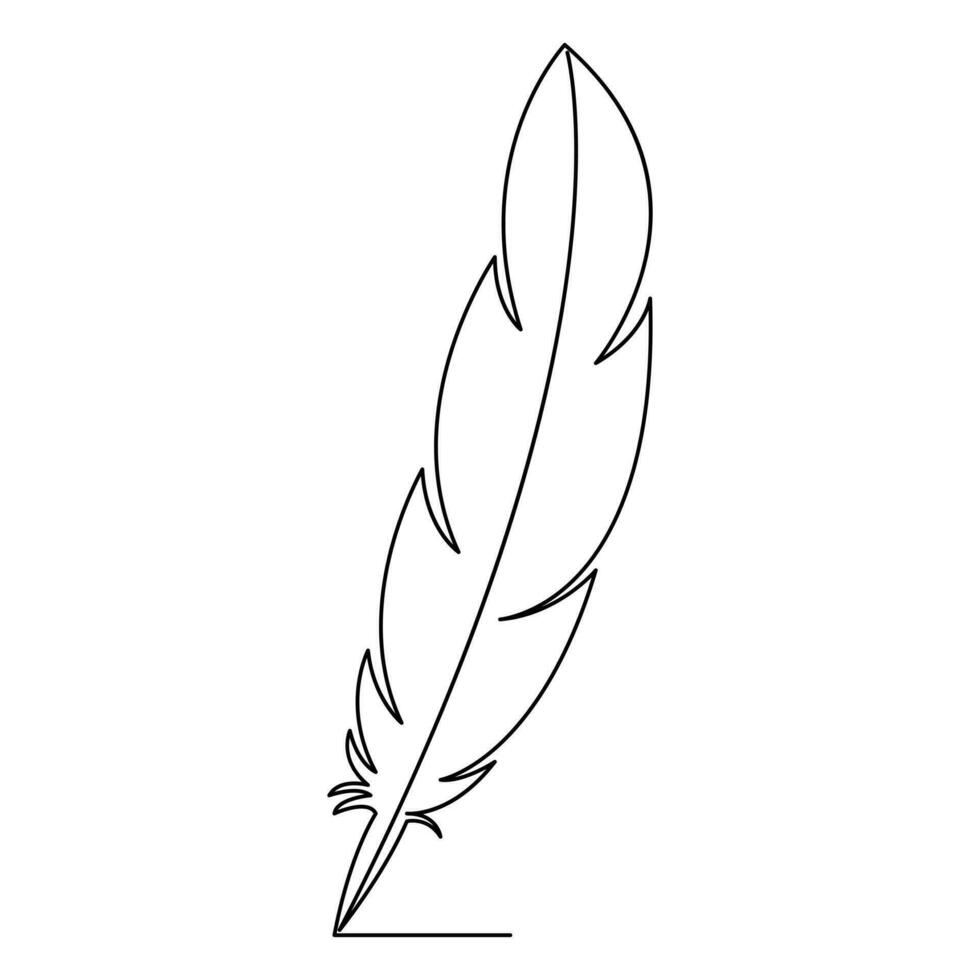 Bird feather continuous single line hand drawn to outline vector art illustration