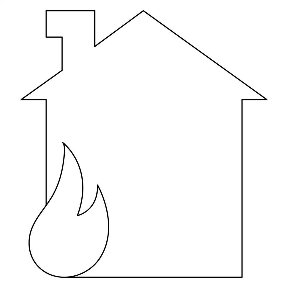 Burning house continuous single line hand drawing icon and fire safety outline vector art illustration