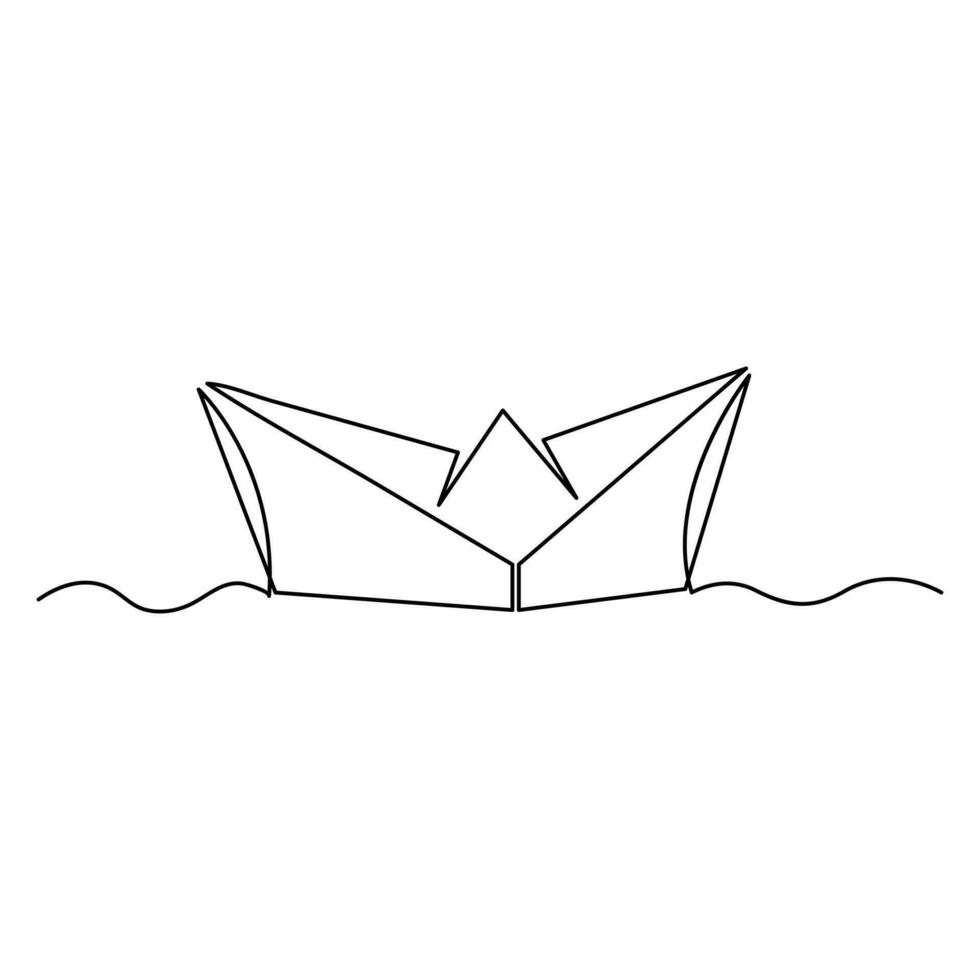 Continuous single line art drawing of paper boat sailing on the water river outline vector illustration