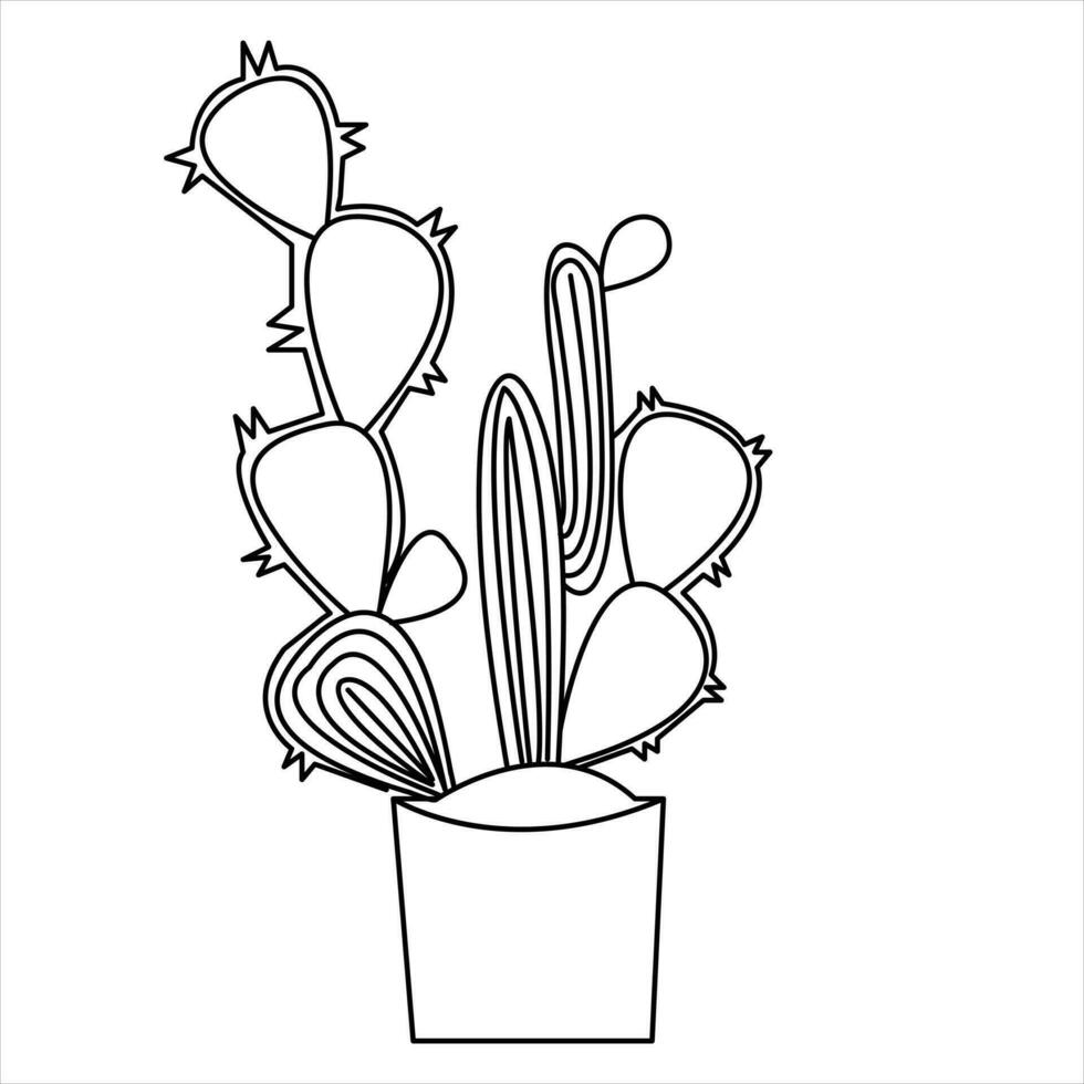 Single line art drawing Continuous hand drawn cactus illustration house plant in a pot doodle vector style