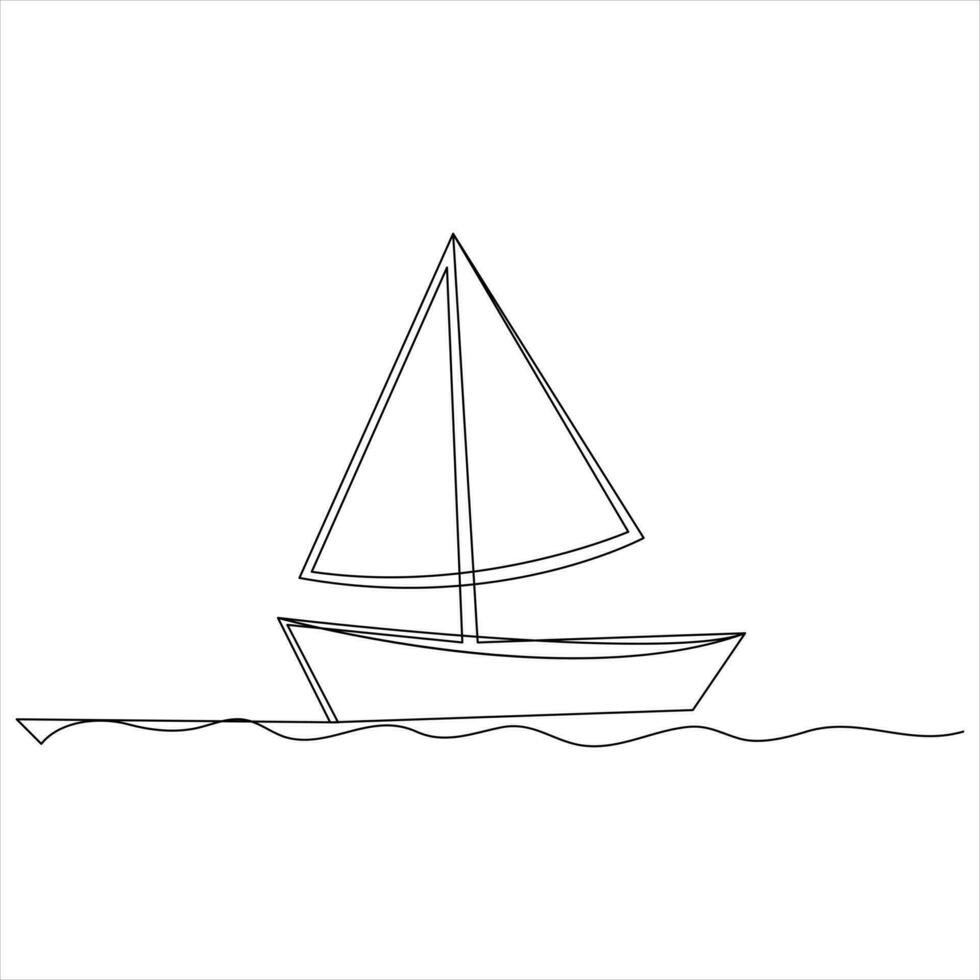 Single line art drawing continuous on sailboat icon and outline vector art minimalist design