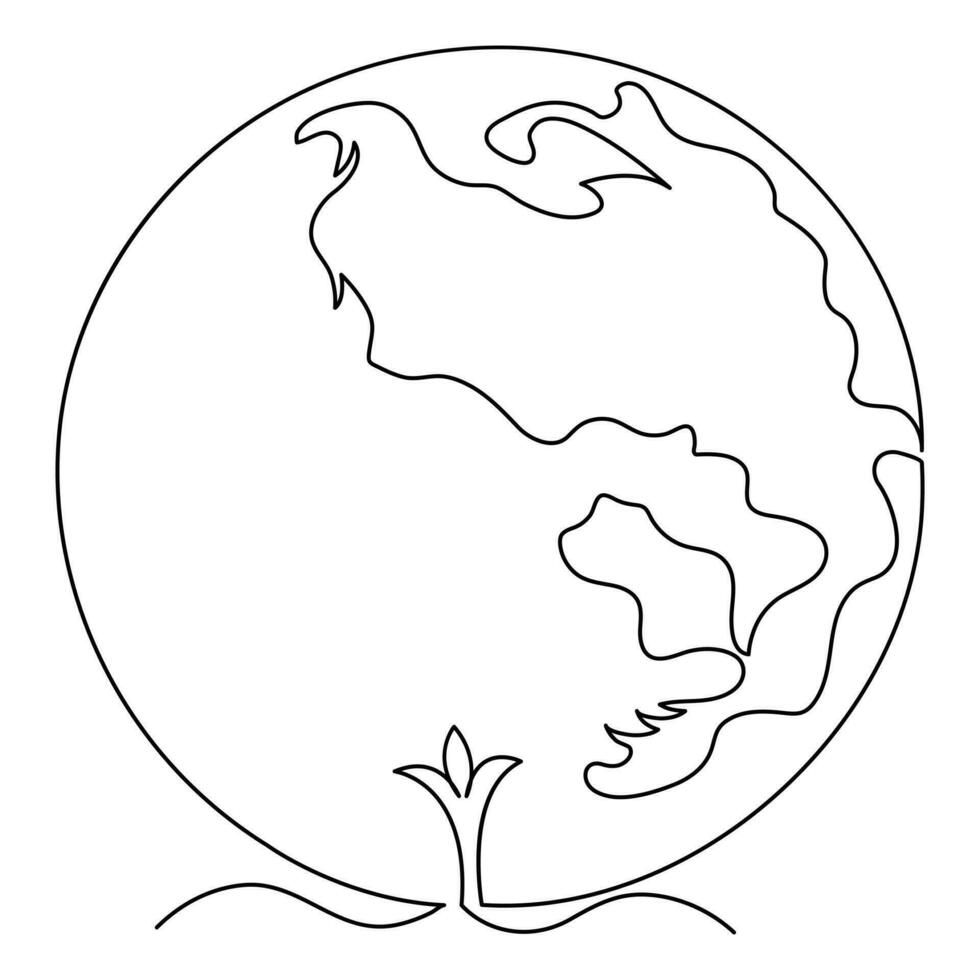 Global map green earth planet world ecology of continuous one line art drawing earth day outline vector illustration