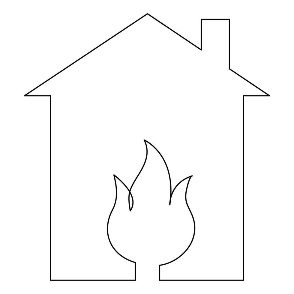 Burning house continuous one line hand drawing fire symbol and safety concept outline vector art minimalist