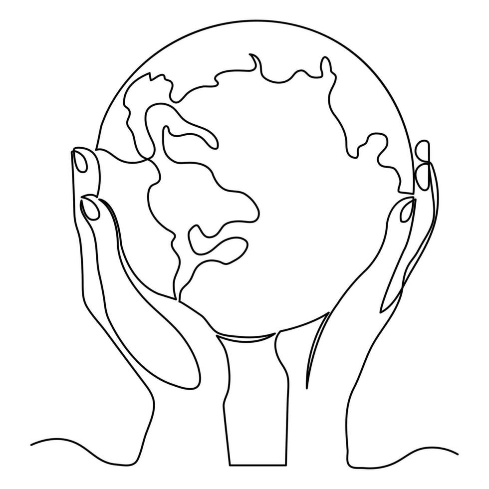 Global map green earth planet world ecology of continuous one line art drawing earth day outline vector illustration