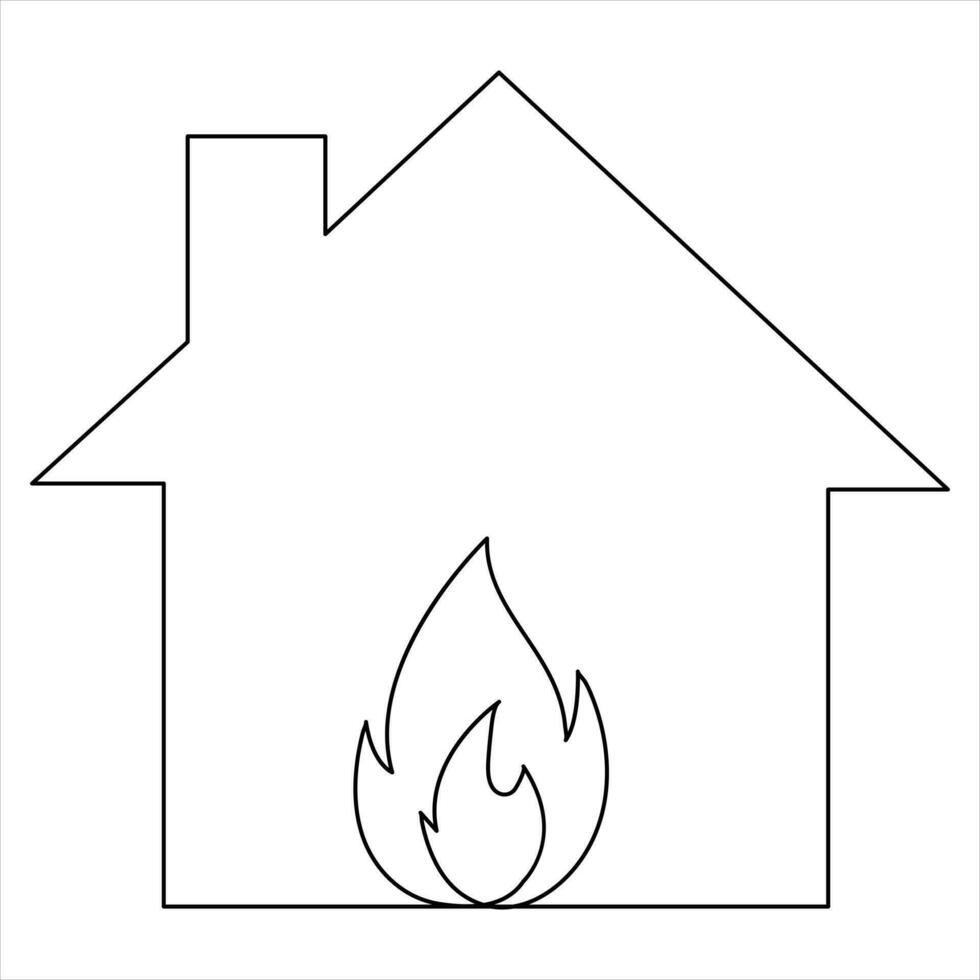 Burning house continuous single line hand drawing icon and fire safety outline vector art illustration