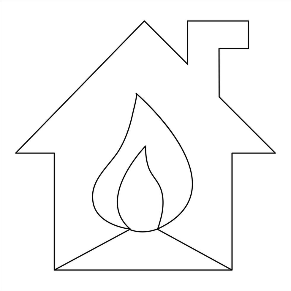 Burning house continuous single line hand drawing icon and fire safety outline vector art illustration