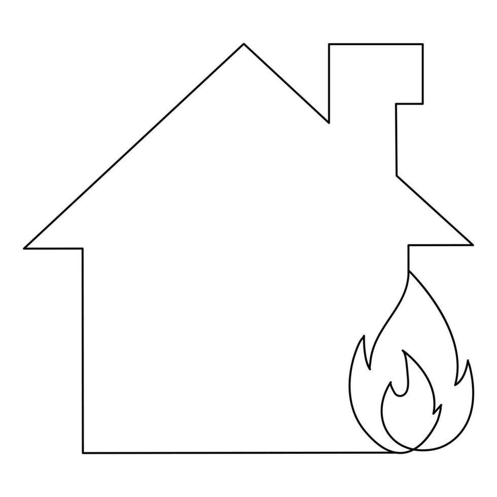 Burning house continuous one line hand drawing fire symbol and safety concept outline vector art minimalist