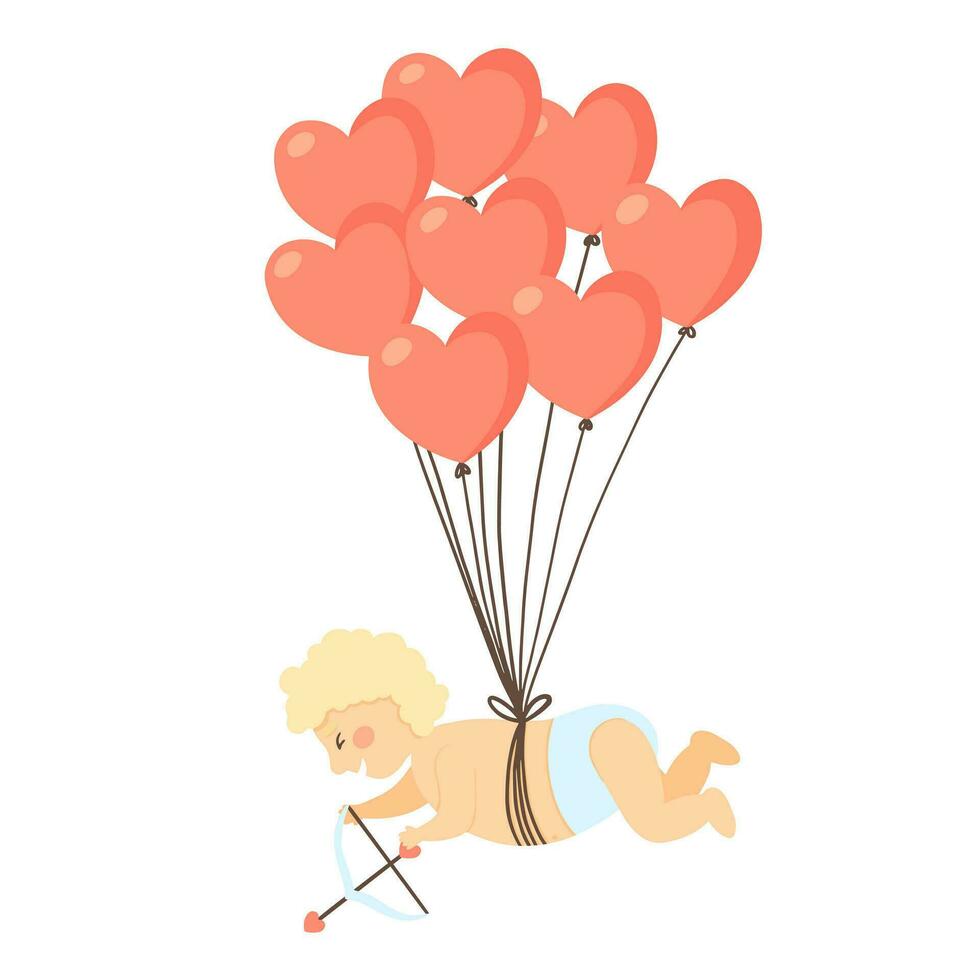 Cute Cupid with heart balloons for Valentines day, February 14th. Vector illustrations for valentines day, stickers, greeting cards, Cupids arrow, love, romantic image