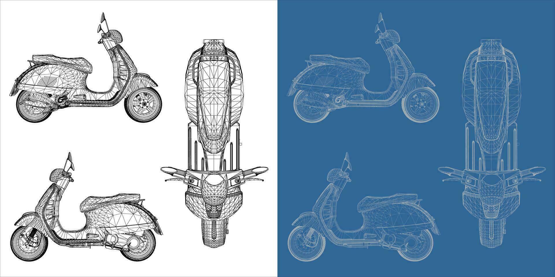 Retro Classic Motorcycle Scooter matic detailed vector illustration isolated white color wireframe blueprint
