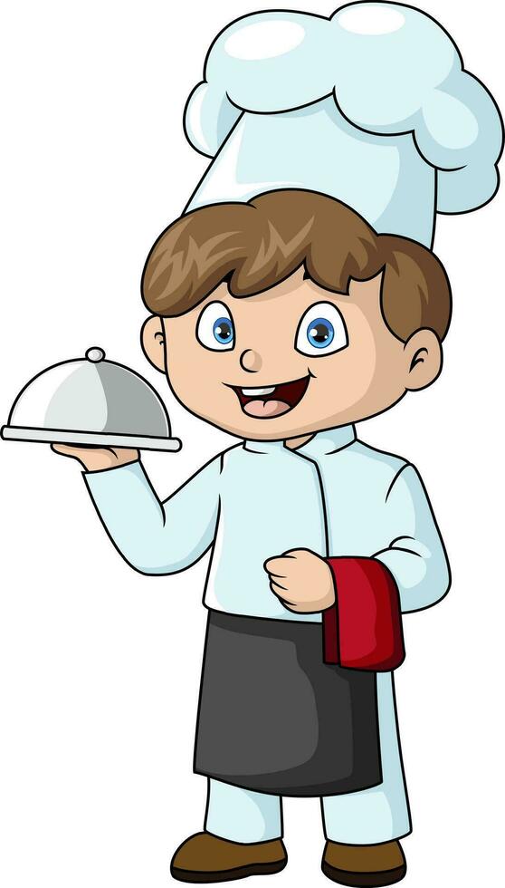 Cute chef boy cartoon holding a silver platter 36323191 Vector Art at