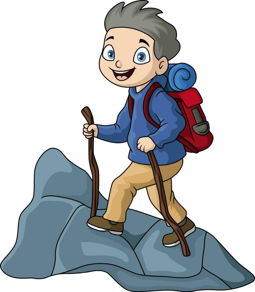 linda viajero chico dibujos animados con caminando palo vector