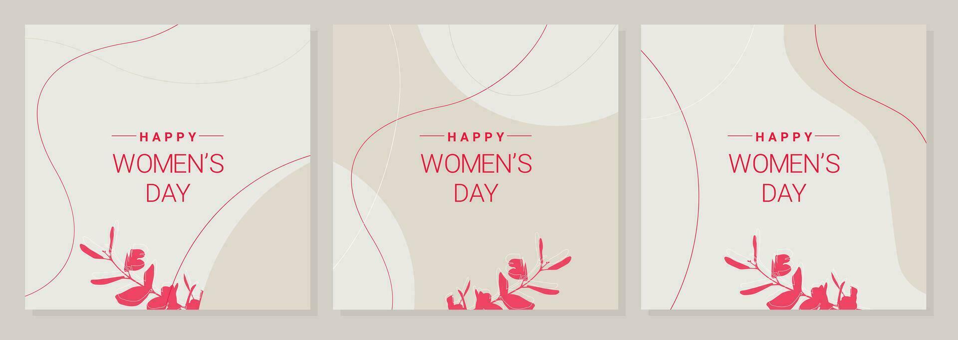 Posters for Womens Day in boho style on an elegant beige background and with red lettering and botany elements. vector