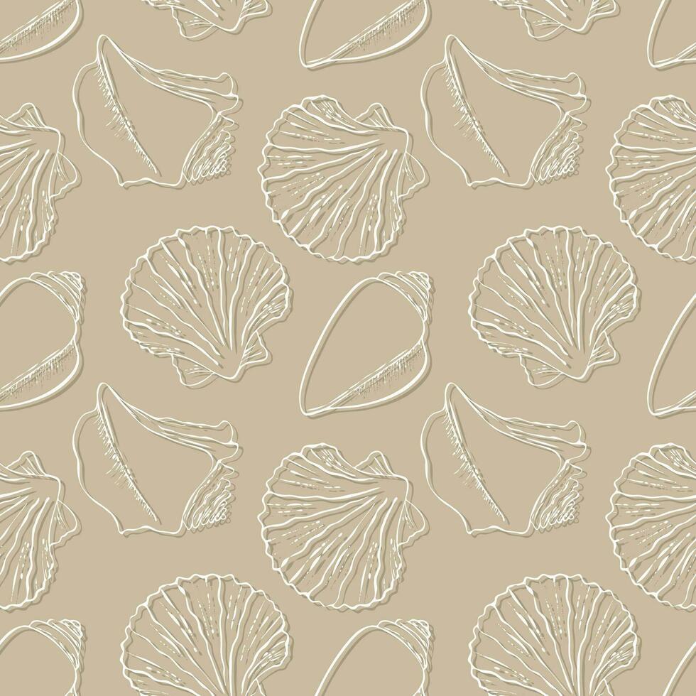 Sea ocean pattern with seashells on the sand beach, beige background. vector