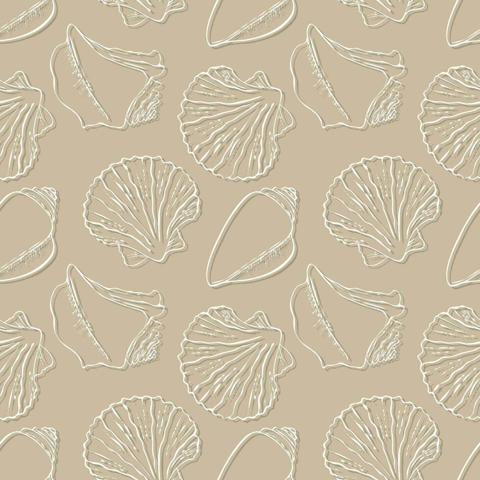 Sea ocean pattern with seashells on the sand beach, beige background. vector