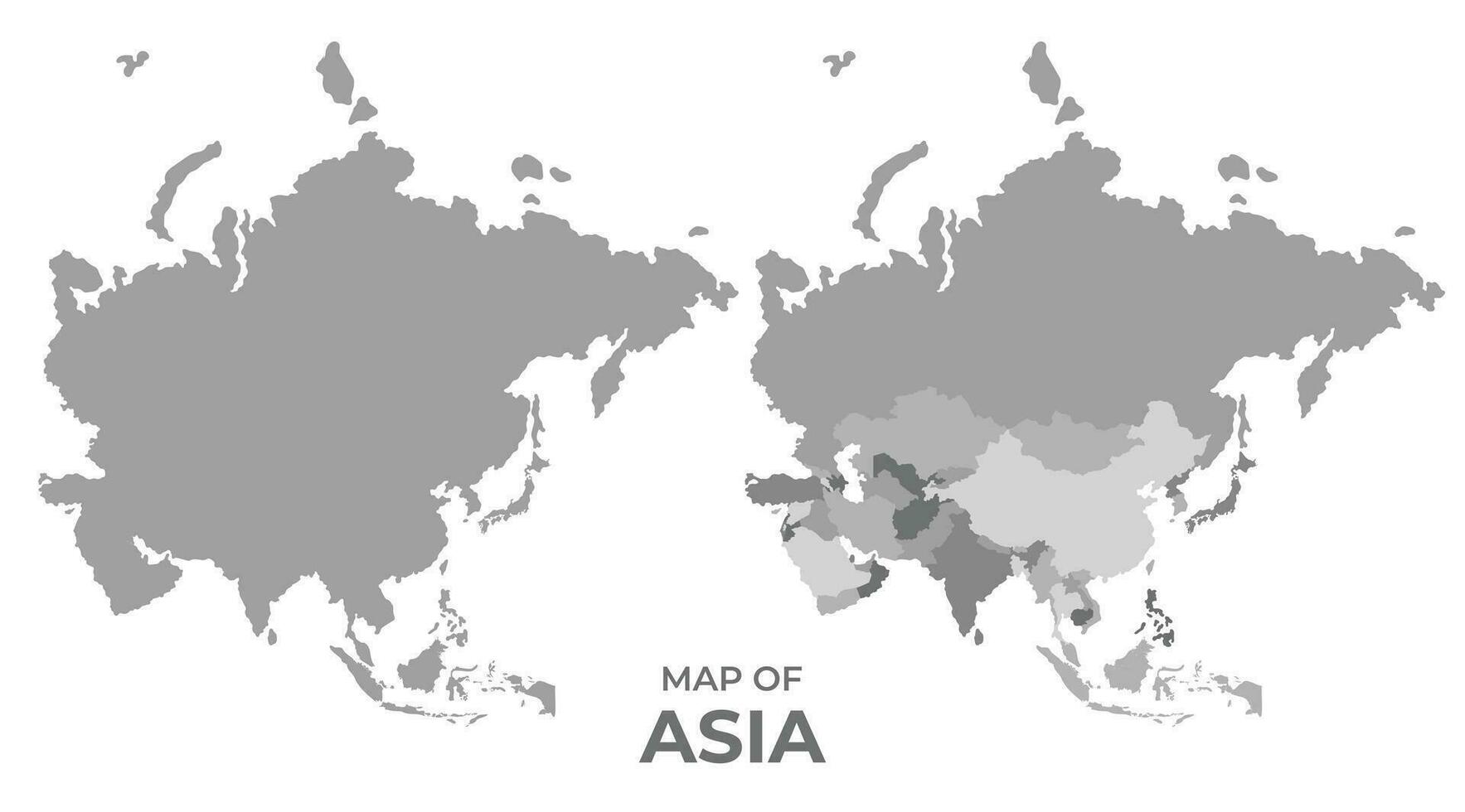 Greyscale vector map of Asia with regions and simple flat illustration