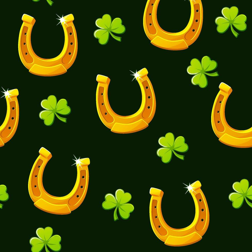 Seamless pattern with Horseshoe and clover or shamrock for St, Patricks Day vector