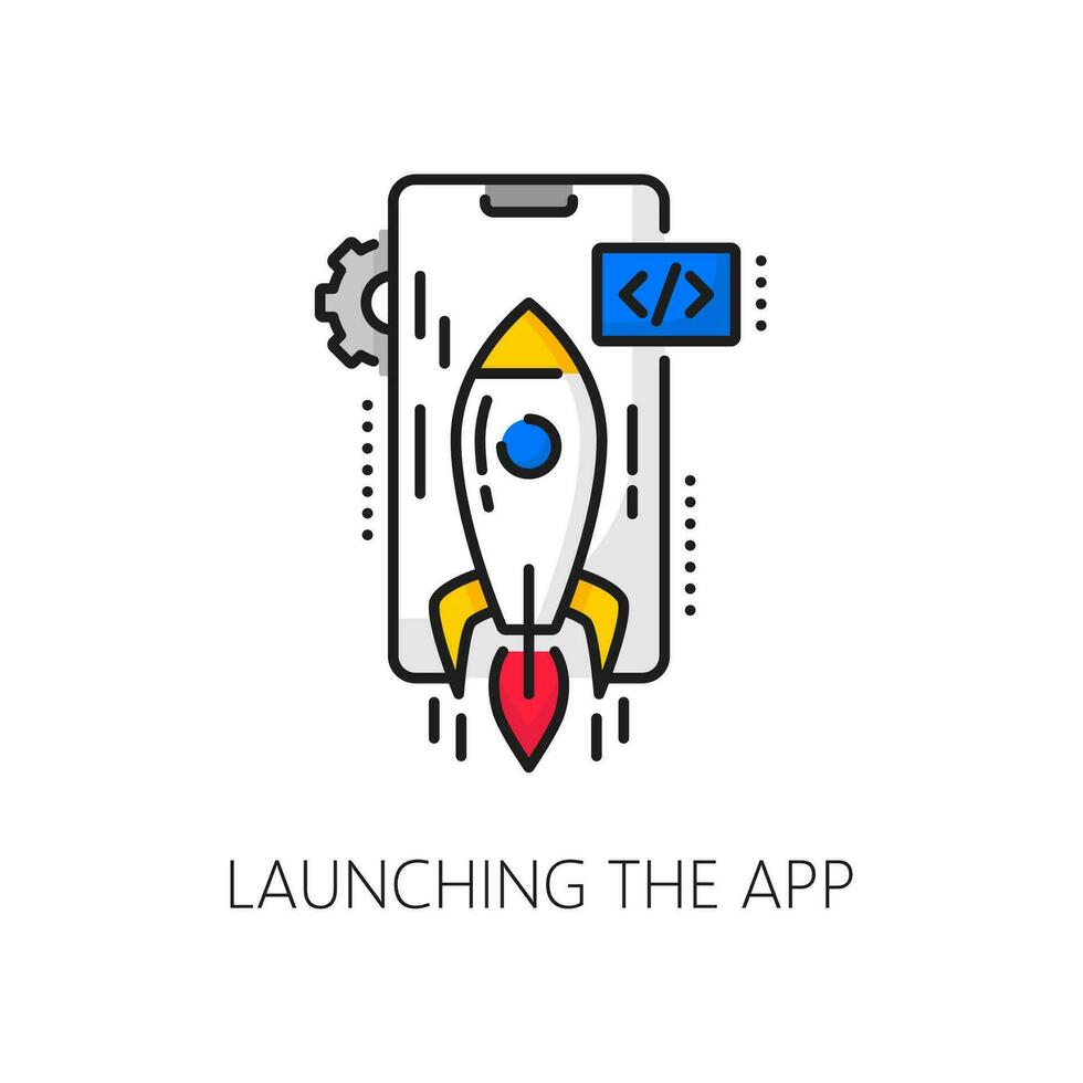 App develop and launch, mobile software line icon vector