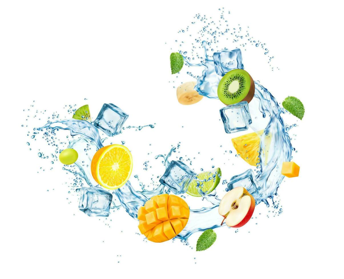 Circle water drink splash of fruits and ice cubes vector