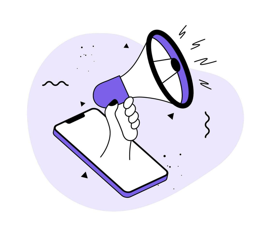 Hand holding megaphone on smartphone screen flat illustration vector, join us, job vacancy announcement, special offer, we are hiring, Loudspeaker vector